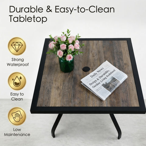 kozyard Outdoor Dining Table, Strong Waterproof Wood-Look Tabletop, Easy to Clean & Low Maintenance, Black Metal Frame for Patio & Deck
