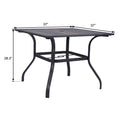 A square outdoor dining table with a brown - hued metal frame and a rustic - looking tabletop. The table measures 37 inches in length and width, and stands 28.3 inches in height. It also features an umbrella hole at the center. 37 - inch Square Outdoor Dining Table with Brown Frame. outdoor dining table, square table, brown frame, 37 inches, 28.3 inches height, umbrella hole.