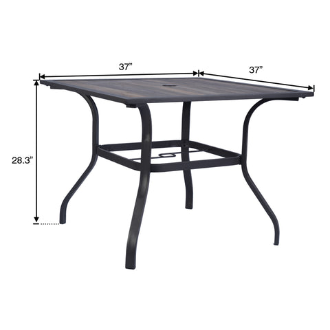 A square outdoor dining table with a brown - hued metal frame and a rustic - looking tabletop. The table measures 37 inches in length and width, and stands 28.3 inches in height. It also features an umbrella hole at the center. 37 - inch Square Outdoor Dining Table with Brown Frame. outdoor dining table, square table, brown frame, 37 inches, 28.3 inches height, umbrella hole.