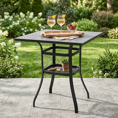 kozyard outdoor bar height table, square patio pub table with marble-look tabletop and metal frame, 2-tier storage shelf for backyard, patio, poolside bar use
