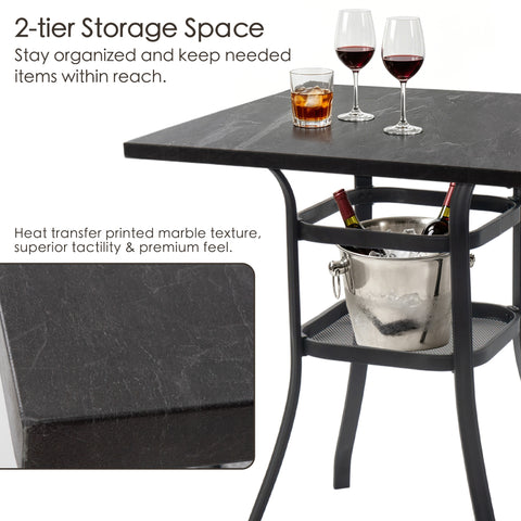 kozyard outdoor bar table with 2-tier storage space, marble-look heat transfer printed tabletop and metal mesh shelf, keep items organized for patio bar gatherings
