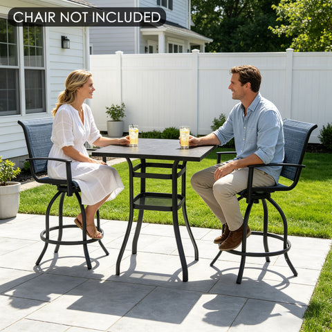 kozyard outdoor bar table product shot, square high pub table with marble-look tabletop, metal frame and 2-tier storage shelf for patio and backyard use