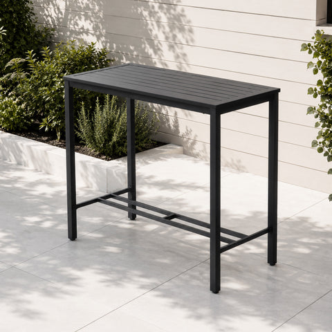 Kozyard Outdoor Bar Table, Black Metal Patio High-Top Bistro Table with Slat Top. Modern all-weather steel pub height dining table for backyard, poolside, deck, and balcony. Heavy-duty rust-resistant outside furniture perfect for outdoor dining and entertaining