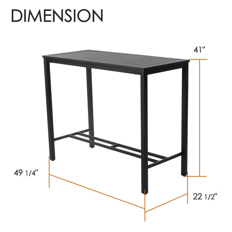 Kozyard Outdoor Bar Table Dimensions. 49 1/4 inches length, 22 1/2 inches width, and 41 inches height pub height table. High-top metal patio table size guide and specifications diagram, showing precise measurements for stools and chairs alignment.