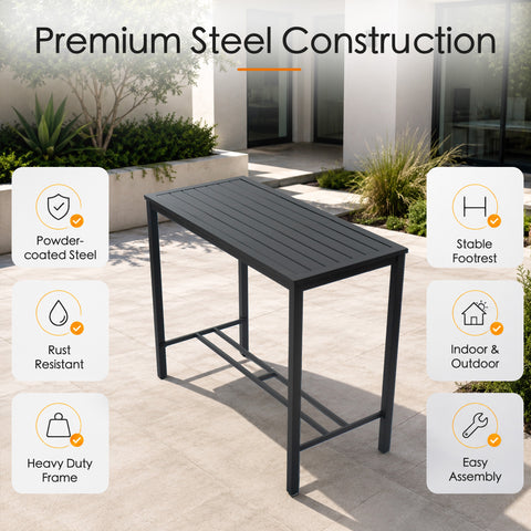 Kozyard Heavy-Duty Patio Bar Table features. Premium steel construction, rust-resistant powder-coated metal frame, stable built-in footrest, easy assembly design. Durable weather-resistant indoor and outdoor bistro table for long-lasting backyard patio use.