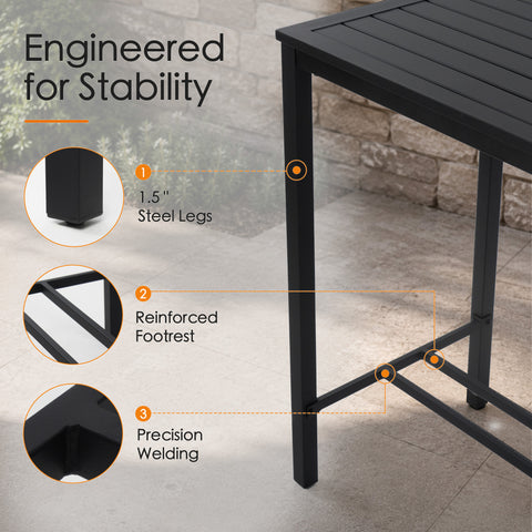 Kozyard Metal Pub Height Table engineered for stability. Features 1.5-inch strong steel legs, a reinforced sturdy footrest, and precision welding details. Robust steel outdoor bar height table designed to withstand heavy daily use without shaking.