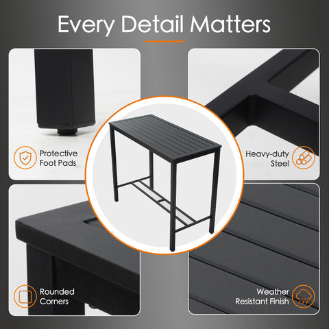 Kozyard Outdoor Furniture craftsmanship details. Highlights protective foot pads to prevent scratches, rounded corners for safety, heavy-duty weather-resistant slatted steel tabletop finish. Premium quality outdoor bar table built for every detail.