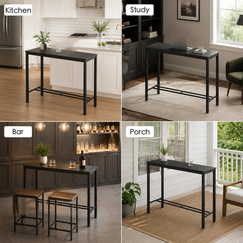 Kozyard Multi-functional High-Top Table applications. Versatile narrow metal table used as a kitchen breakfast bar table, a modern study laptop standing desk, an indoor home bar serving table, and a welcoming outdoor porch entryway console table.