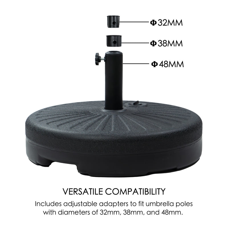 Round Outdoor Umbrella Base with Adjustable Compatibility
A black round outdoor umbrella base with adjustable adapters labeled for umbrella pole diameters of 32mm, 38mm, and 48mm, highlighting its versatile compatibility. Keywords: round outdoor umbrella base, adjustable adapters, versatile compatibility
