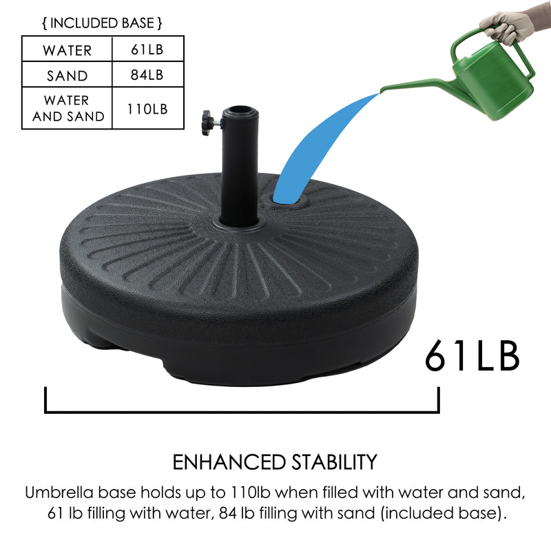 Round Outdoor Umbrella Base with Weight - Filling Options
A black round outdoor umbrella base being filled with water, showing its weight - filling options: 61 lb with water, 84 lb with sand, and 110 lb with water and sand for enhanced stability. Keywords: round outdoor umbrella base, weight - filling options, enhanced stability