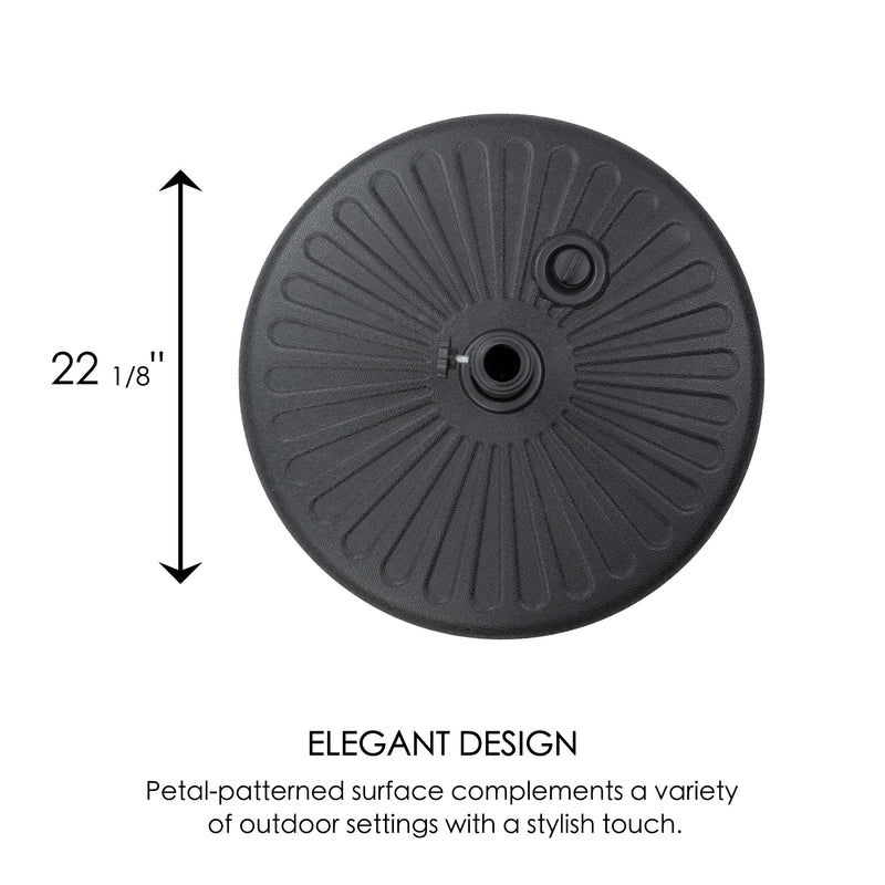 Round Outdoor Umbrella Base with Elegant Design
A black round outdoor umbrella base with a petal - patterned surface, 22 ⅛ inches in diameter, featuring a central pole and a fill - port. Keywords: round outdoor umbrella base, elegant design