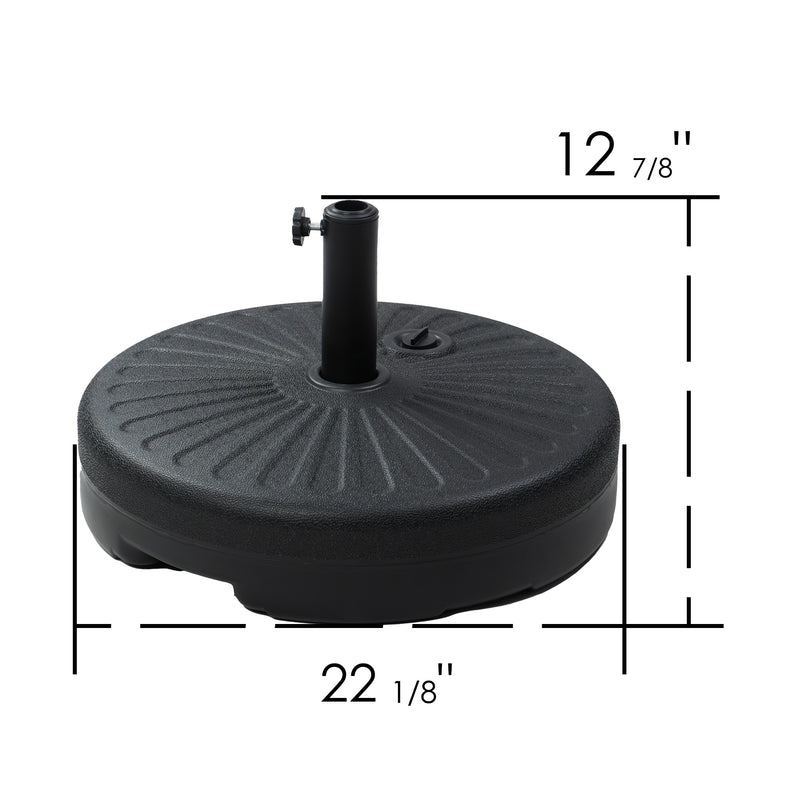 Dimensions of Round Outdoor Umbrella Base
A black round outdoor umbrella base with labeled dimensions: 22 ⅛ inches in diameter and 12 ⅞ inches in height, featuring a central pole and a fill - port. Keywords: round outdoor umbrella base, dimensions