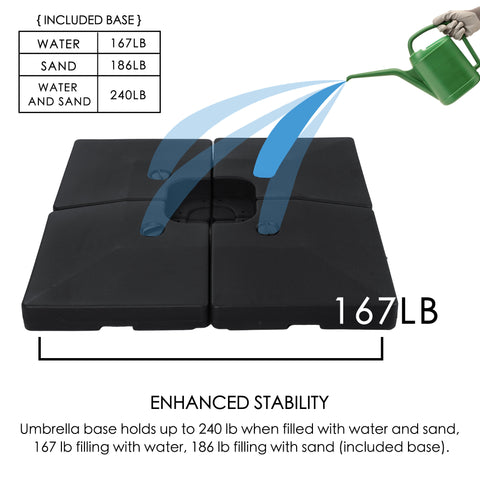 Kozyard Heavy-Duty Fillable Umbrella Base: Supports up to 240LB (water + sand), 167LB (water) or 186LB (sand) for max stability. Black 4-piece plastic design ensures secure support for outdoor cantilever umbrellas in patios, poolside, and backyard settings.
