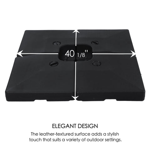 Kozyard 4-Piece Outdoor Umbrella Base: 40 1/8” size with stylish leather-textured black plastic surface. Complements various outdoor decor styles, securing patio umbrellas in backyards, decks, poolside areas & other outdoor living spaces.
