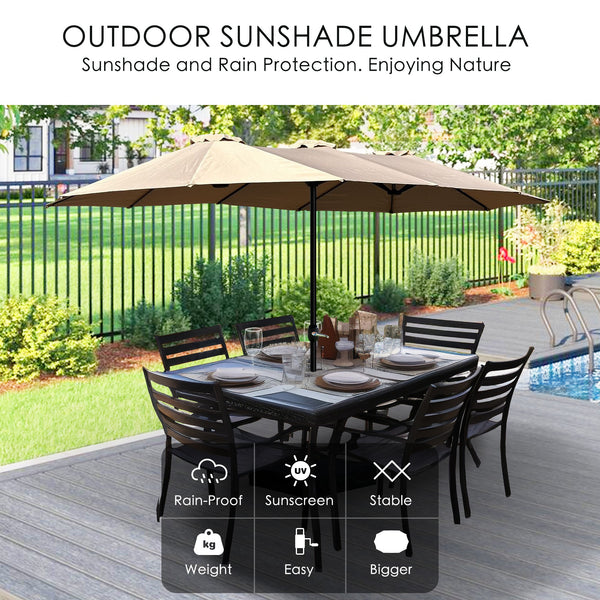 An outdoor patio double - sided aluminum umbrella in a tan color is set up over a black patio dining table with several black chairs around it. The scene is set in a backyard with greenery and a fence in the background. Text at the top reads "OUTDOOR SUNSHADE UMBRELLA Sunshade and Rain Protection. Enjoying Nature." Icons and words below highlight features like "Rain - Proof," "Sunscreen," "Stable," "Weight," "Easy," and "Bigger."Outdoor Patio Double - Sided Aluminum Umbrella for Sun and Rain Protection.