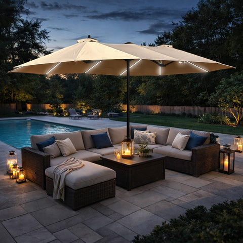 Kozyard Double Patio Umbrella – Solar LED Illuminated Outdoor Umbrella, Spacious Double Canopy for Group Shade, Sturdy Metal Frame & UV-Protective Fabric, Perfect for Patio Gatherings
