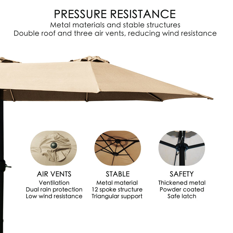 A beige Outdoor Patio Double - Sided Aluminum Umbrella with features promoting pressure resistance. The umbrella has a double - roof design with three air vents to reduce wind resistance. Text highlights the use of metal materials and stable structures. Circular insets detail key features: "AIR VENTS" for ventilation and dual rain protection, "STABLE" with a 12 - spoke structure and triangular support, and "SAFETY" with thickened metal, powder coating, and a safe latch. Beige Outdoor Patio Double-Sided Alu