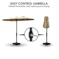 A beige Outdoor Patio Double - Sided Aluminum Umbrella is shown in both open and closed positions. The headline reads "EASY CONTROL UMBRELLA Rotate the handle, easy opening and closing." A close - up circle highlights the handle mechanism used to operate the umbrella, emphasizing its user - friendly design for effortless opening and closing. Beige Outdoor Patio Double - Sided Aluminum Umbrella: Easy - Control Design. beige outdoor umbrella, double - sided aluminum umbrella, easy control