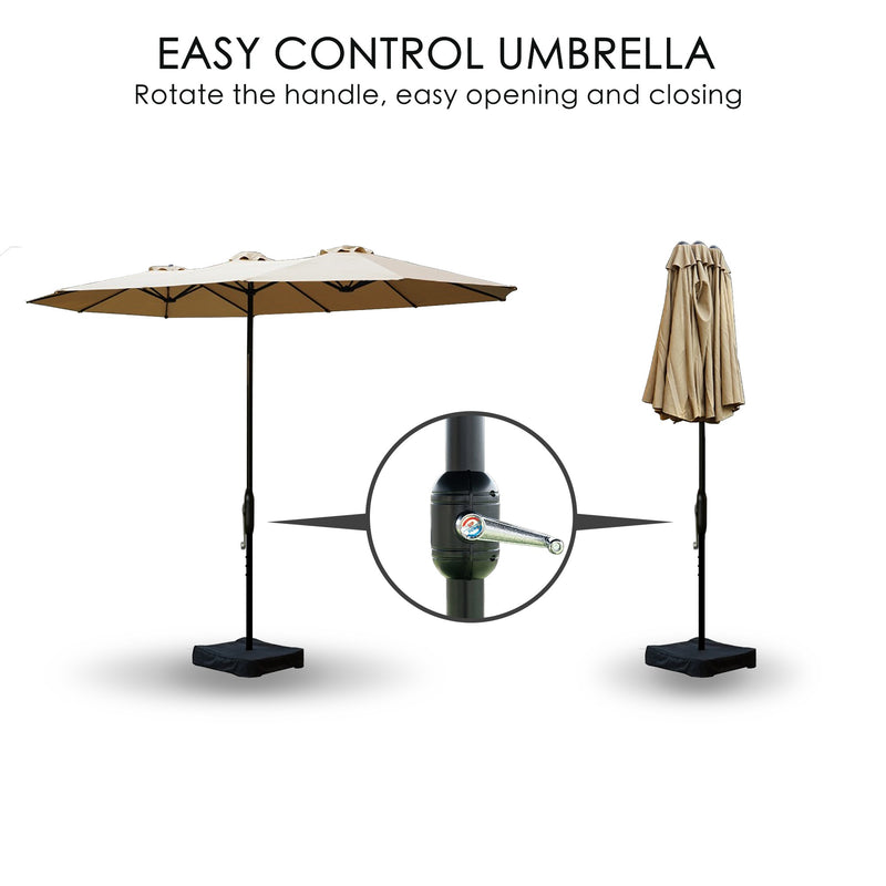 A beige Outdoor Patio Double - Sided Aluminum Umbrella is shown in both open and closed positions. The headline reads "EASY CONTROL UMBRELLA Rotate the handle, easy opening and closing." A close - up circle highlights the handle mechanism used to operate the umbrella, emphasizing its user - friendly design for effortless opening and closing. Beige Outdoor Patio Double - Sided Aluminum Umbrella: Easy - Control Design. beige outdoor umbrella, double - sided aluminum umbrella, easy control