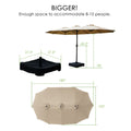 A beige Outdoor Patio Double - Sided Aluminum Umbrella is presented with its dimensions. The text "BIGGER! Enough space to accommodate 8 - 10 people." is displayed at the top. The umbrella's canopy measures 180" in length and 102" in width. The stand is 78" tall, with a 43.2" measurement from the ground to a point on the pole. The base has dimensions of 27.5" on each side, and a cover for the base is also shown. Outdoor Patio Double - Sided Aluminum Umbrella: Spacious and Sized Right.outdoor patio umbrella.