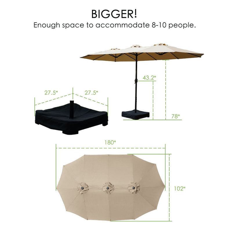 A beige Outdoor Patio Double - Sided Aluminum Umbrella is presented with its dimensions. The text "BIGGER! Enough space to accommodate 8 - 10 people." is displayed at the top. The umbrella's canopy measures 180" in length and 102" in width. The stand is 78" tall, with a 43.2" measurement from the ground to a point on the pole. The base has dimensions of 27.5" on each side, and a cover for the base is also shown. Outdoor Patio Double - Sided Aluminum Umbrella: Spacious and Sized Right.outdoor patio umbrella.