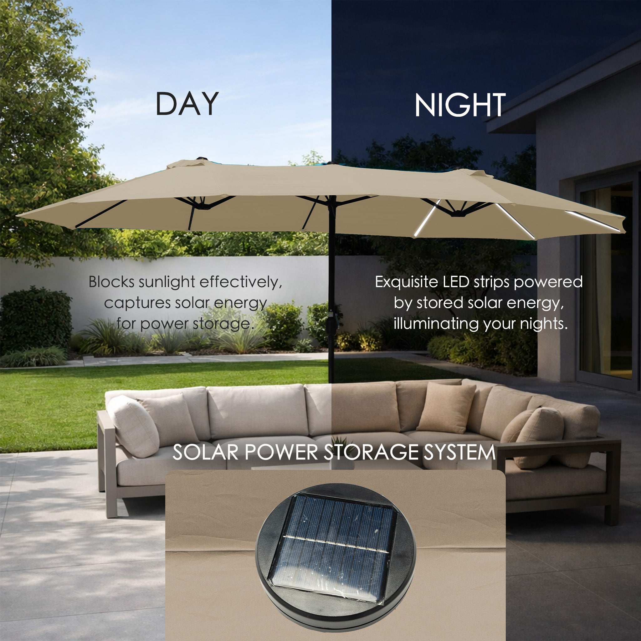 Kozyard 15ft Rectangular Double-Sided Patio Umbrella with Solar