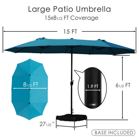 Kozyard Large Double Patio Umbrella – 15x8.5 FT Coverage with Included Base, Heavy-Duty Metal Frame & Durable Fabric Canopy, Oversized Dimensional Outdoor Shade for Patios
