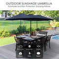 An outdoor patio double-sided aluminum umbrella in a navy blue color is set up over a black patio dining table with several black chairs around it. The scene is set in a backyard with greenery and a fence in the background. Text at the top reads "OUTDOOR SUNSHADE UMBRELLA Sunshade and Rain Protection. Enjoying Nature." Icons and words below highlight features like "Rain-Proof," "Sunscreen," "Stable," "Weight," "Easy," and "Bigger."
Outdoor Patio Double-Sided Aluminum Umbrella for Sun and Rain Protection.