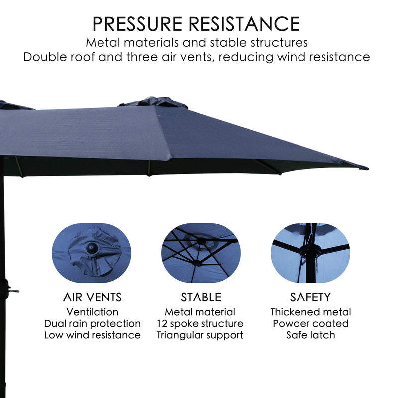 A navy blue Outdoor Patio Double-Sided Aluminum Umbrella with features promoting pressure resistance. The umbrella has a double-roof design with three air vents to reduce wind resistance. Text highlights the use of metal materials and stable structures. Circular insets detail key features: "AIR VENTS" for ventilation and dual rain protection, "STABLE" with a 12-spoke structure and triangular support, and "SAFETY" with thickened metal, powder coating, and a safe latch. Navy Blue Outdoor Patio Double-Sided Al