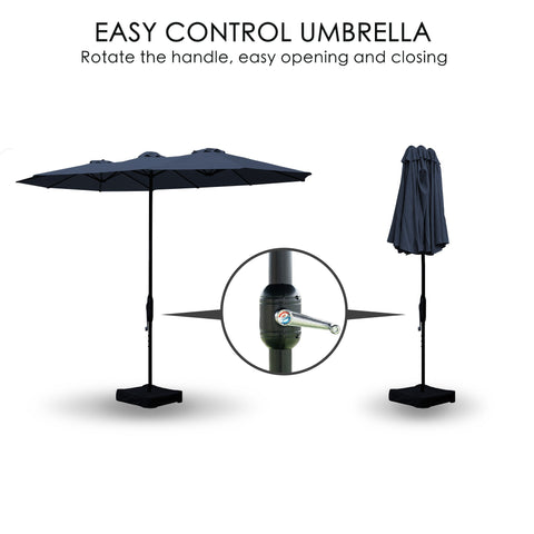 A navy blue Outdoor Patio Double-Sided Aluminum Umbrella is shown in both open and closed positions. The headline reads "EASY CONTROL UMBRELLA Rotate the handle, easy opening and closing." A close-up circle highlights the handle mechanism used to operate the umbrella, emphasizing its user-friendly design for effortless opening and closing. Navy Blue Outdoor Patio Double-Sided Aluminum Umbrella: Easy-Control Design.
navy blue outdoor umbrella, double-sided aluminum umbrella, easy control