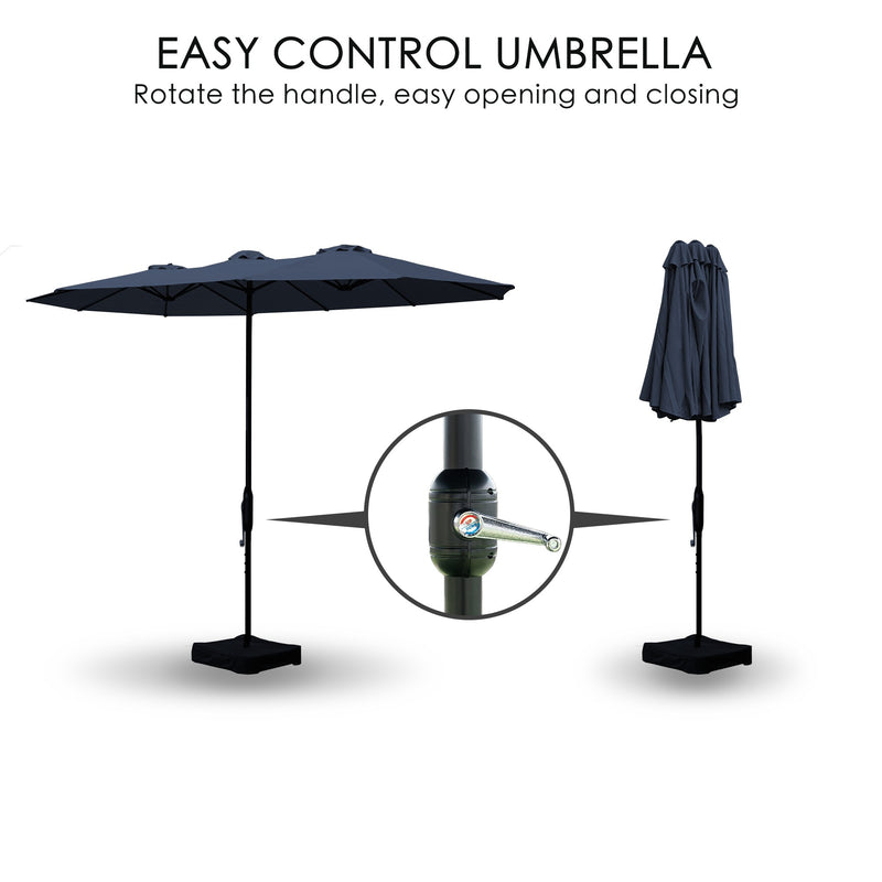 A navy blue Outdoor Patio Double-Sided Aluminum Umbrella is shown in both open and closed positions. The headline reads "EASY CONTROL UMBRELLA Rotate the handle, easy opening and closing." A close-up circle highlights the handle mechanism used to operate the umbrella, emphasizing its user-friendly design for effortless opening and closing. Navy Blue Outdoor Patio Double-Sided Aluminum Umbrella: Easy-Control Design.
navy blue outdoor umbrella, double-sided aluminum umbrella, easy control