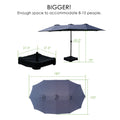 A navy blue Outdoor Patio Double-Sided Aluminum Umbrella is presented with its dimensions. The text "BIGGER! Enough space to accommodate 8–10 people." is displayed at the top. The umbrella's canopy measures 180" in length and 102" in width. The stand is 78" tall, with a 43.2" measurement from the ground to a point on the pole. The base has dimensions of 27.5" on each side, and a cover for the base is also shown.Navy Blue Outdoor Patio Double-Sided Aluminum Umbrella: Spacious and Sized Right. outdoor patio 