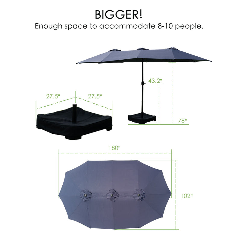 A navy blue Outdoor Patio Double-Sided Aluminum Umbrella is presented with its dimensions. The text "BIGGER! Enough space to accommodate 8–10 people." is displayed at the top. The umbrella's canopy measures 180" in length and 102" in width. The stand is 78" tall, with a 43.2" measurement from the ground to a point on the pole. The base has dimensions of 27.5" on each side, and a cover for the base is also shown.Navy Blue Outdoor Patio Double-Sided Aluminum Umbrella: Spacious and Sized Right. outdoor patio 