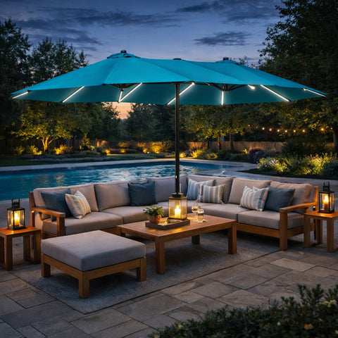 Kozyard Double Patio Umbrella – Solar LED Lighted Outdoor Shade, Oversized Double Canopy Design, Durable Metal Frame & Weather-Resistant Fabric, Ideal for Backyard Poolside Seating Areas
