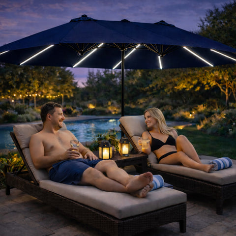 blue patio umbrella with lights Coors Light Shop Crank handle is convenient for effortlessly open and close the umbrella 10 Ft. Solar Power Lighted