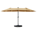A beige rectangular patio umbrella with a black pole and weighted base, fully extended against a white background. Patio umbrella, outdoor shade, beige canopy, rectangular umbrella, weighted base, sun protection, garden furniture, outdoor living.
