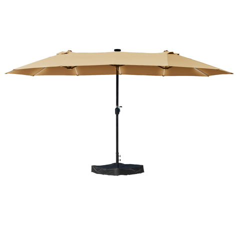 A beige rectangular patio umbrella with a black pole and weighted base, fully extended against a white background. Patio umbrella, outdoor shade, beige canopy, rectangular umbrella, weighted base, sun protection, garden furniture, outdoor living.