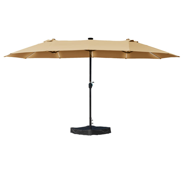 A beige rectangular patio umbrella with a black pole and weighted base, fully extended against a white background. Patio umbrella, outdoor shade, beige canopy, rectangular umbrella, weighted base, sun protection, garden furniture, outdoor living.