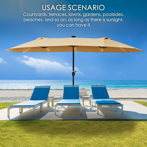 A beachside scene featuring a large beige umbrella providing shade over three blue-cushioned lounge chairs on a concrete patio. The background showcases a sandy beach, turquoise ocean, and a clear blue sky.  Beach, umbrella, lounge chairs, patio, ocean, sunlight, shade, outdoor relaxation.