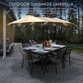 Outdoor Sunshade Umbrella with Solar-Powered LED Lights for Patio Dining - Eco-Friendly Shade Solution. Outdoor sunshade umbrella, solar-powered LED lights, patio dining, eco-friendly, shade solution, outdoor activities, wooden dining table, concrete patio.