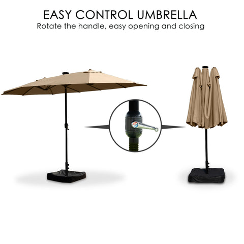 Beige easy control umbrella shown open and closed, featuring a handle for easy opening and closing with a weighted base.easy control umbrella, handle, easy opening, weighted base, outdoor umbrella.