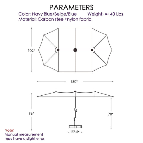 Diagram of an outdoor umbrella with dimensions: 180" wide, 102" deep, 96" high (open), 78" high (closed), and 27.5" base. Available in navy blue, beige, or blue; made of carbon steel and nylon fabric, weighing 40 lbs. Outdoor umbrella, dimensions, carbon steel, nylon fabric, navy blue, beige, 40 lbs.