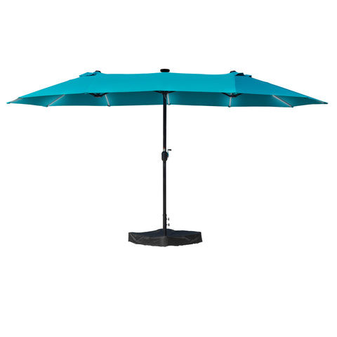 A blue rectangular patio umbrella with a black pole and weighted base, fully extended against a white background. Patio umbrella, outdoor shade, blue canopy, rectangular umbrella, weighted base, sun protection, garden furniture, outdoor living.