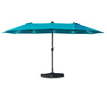 A blue rectangular patio umbrella with a black pole and weighted base, fully extended against a white background. Patio umbrella, outdoor shade, blue canopy, rectangular umbrella, weighted base, sun protection, garden furniture, outdoor living.