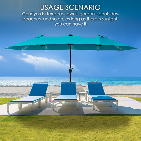 A beachside scene featuring a large blue umbrella providing shade over three blue-cushioned lounge chairs on a concrete patio. The background showcases a sandy beach, turquoise ocean, and a clear blue sky.  Beach, umbrella, lounge chairs, patio, ocean, sunlight, shade, outdoor relaxation.