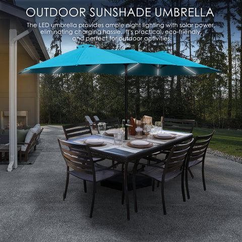 Outdoor Sunshade Umbrella with Solar-Powered LED Lights for Patio Dining - Eco-Friendly Shade Solution. Outdoor sunshade umbrella, solar-powered LED lights, patio dining, eco-friendly, shade solution, outdoor activities, wooden dining table, concrete patio.