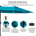 Blue outdoor umbrella with double roof and three air vents for wind resistance, featuring joint extension, stable 12-spoke structure with LED light strips, safety latch, and solar panels. Outdoor umbrella, wind resistance, double roof, air vents, LED light strips, solar panels, stable structure, safety latch.