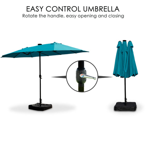Blue easy control umbrella shown open and closed, featuring a handle for easy opening and closing with a weighted base.easy control umbrella, handle, easy opening, weighted base, outdoor umbrella.