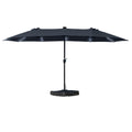 A navy blue rectangular patio umbrella with a black pole and weighted base, fully extended against a white background. Patio umbrella, outdoor shade, navy blue canopy, rectangular umbrella, weighted base, sun protection, garden furniture, outdoor living.