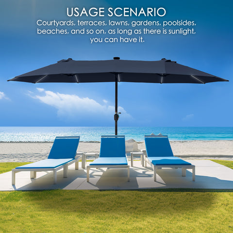 A beachside scene featuring a large navy blue umbrella providing shade over three blue-cushioned lounge chairs on a concrete patio. The background showcases a sandy beach, turquoise ocean, and a clear blue sky.  Beach, umbrella, lounge chairs, patio, ocean, sunlight, shade, outdoor relaxation.